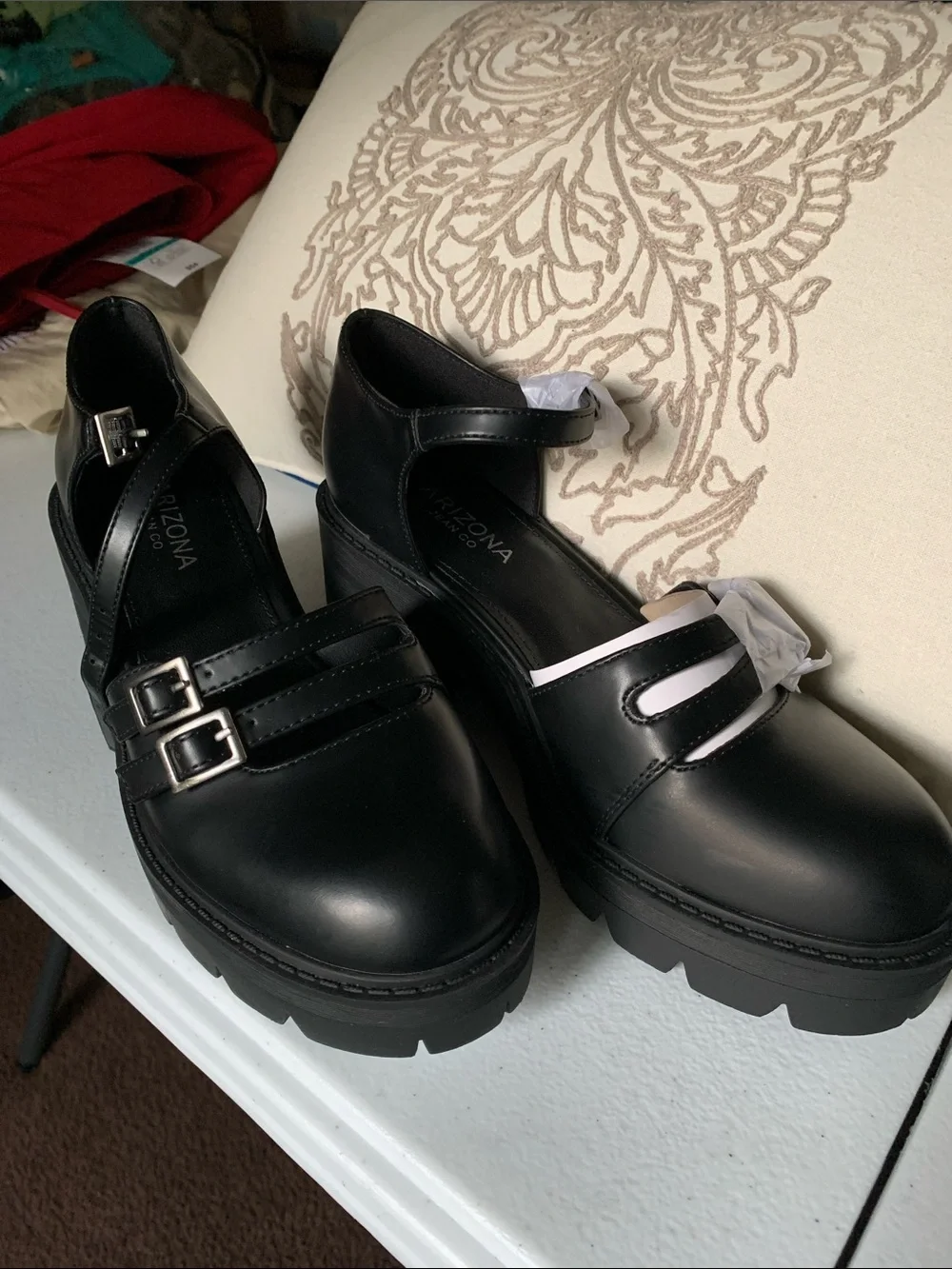 Arizona Jean Company Black Mary Jane Lug Sole Platform Mules